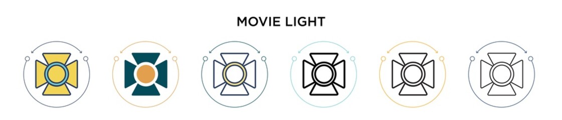Movie light icon in filled, thin line, outline and stroke style. Vector illustration of two colored and black movie light vector icons designs can be used for mobile, ui, web