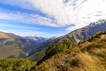 View up the Haast Pass from the Brewster Track in Mount Aspiring National Park, South Island, New Zealand.