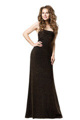 Naklejka premium Elegant Woman in Black Long Dress, Beautiful Lady in Evening Gown, Fashion Model Beauty Portrait on White