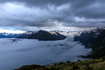 Cloud inversion over the Franz Josef valley with most of Franz Josef Glacier obscured by the...