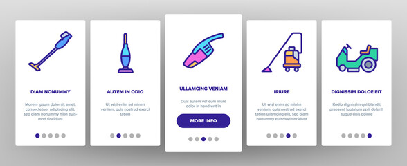 Wet Vacuum Cleaner Onboarding Mobile App Page Screen Vector. Cleaner Cart For Wash Floor In Supermarket, Domestic Tool And Car Portable Device Illustrations