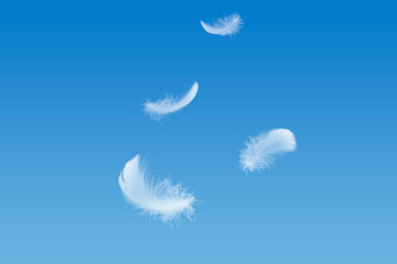 Light fluffy a white feathers floating in a blue sky. Feather abstract background. 