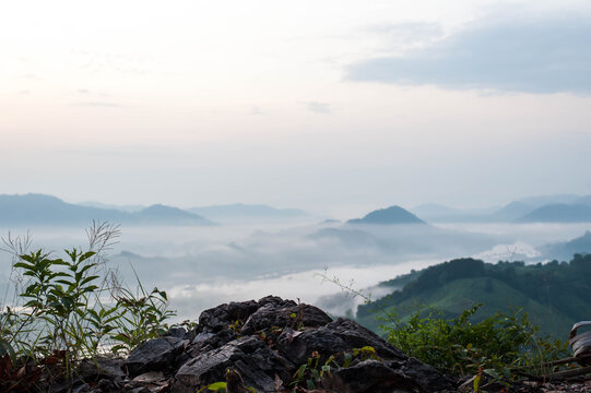 Landscape view of Phu Pha Dak in the morning time in the summer season,Phu Pha Dak is the new attraction mountain in Sangkhom district Nong Khai Province Thailand