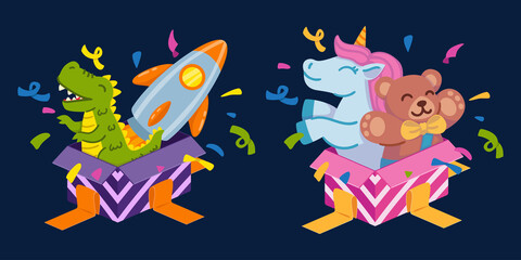 Naklejka premium Open gift boxes for boy with dinosaur and space rocket and for girl with unicorn and teddy bear. Set of elements for a happy birthday greeting card and for a party invitation. Vector illustration.