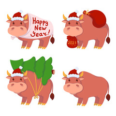 Bull with gifts, carries the Christmas tree. Year of the ox. Happy Cows set. New year and merry christmas vector illustration. Chinese zodiac symbol of the year 2021.