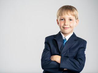 Portrait of white smiling  kid in a blue business suit looking at camera.  Photo of a happy businessman boy.  Positive blond boy dressed in a formal suit with tie with with crossed arms on breast