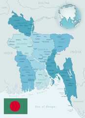 Blue-green detailed map of Bangladesh administrative divisions with country flag and location on the globe.
