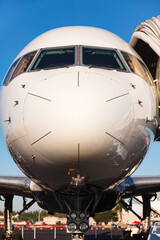 Close up view of a modern passenger jet airliner