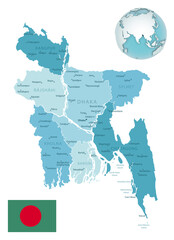 Bangladesh administrative blue-green map with country flag and location on a globe.