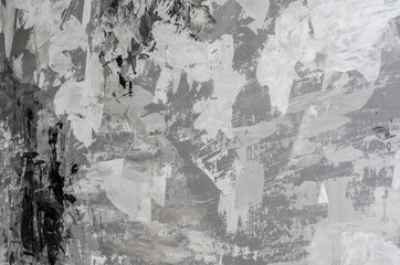 Background of wall is painted with white and gray paints, chaotic painting with facade paints, trash background.