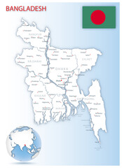 Detailed Bangladesh administrative map with country flag and location on a blue globe.