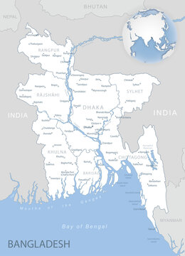 Blue-gray detailed map of Bangladesh administrative divisions and location on the globe.