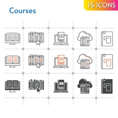courses icon set. included cloud, ebook, learn, book, enter icons on white background. linear, bicolor, filled styles.