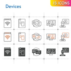 devices icon set. included audiobook, teacher, instructor, homework, enter icons on white background. linear, bicolor, filled styles.