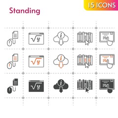 standing icon set. included maths, book, information, touchscreen, click icons on white background. linear, bicolor, filled styles.