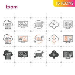 exam icon set. included cloud, feedback, ebook, instructor, information icons on white background. linear, bicolor, filled styles.