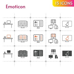 emoticon icon set. included desktop, ebook, test, school, school (2), microscope icons on white background. linear, bicolor, filled styles.