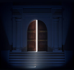 Light coming from a building with vintage door ajar. 3D illustration