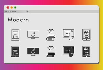 modern icon set. included tablet, ereader, book, touchscreen, book (2), microscope icons on white background. linear, filled styles.