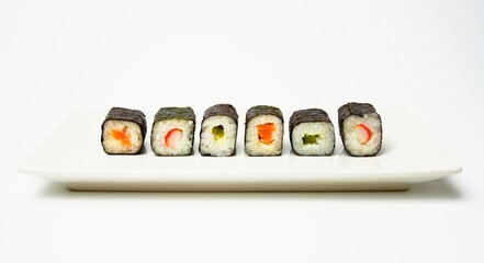 
Fresh Japanese Sushi on a white plate and background.