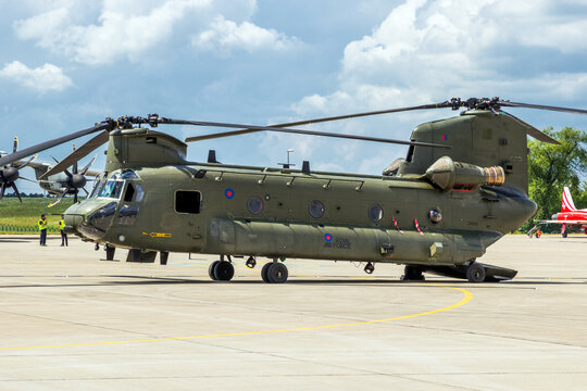BERLIN - JUN 2, 2016: British Royal Air Force Boeing CH-47 Chinook transport helicopter at the Berlin ILA Airshow.