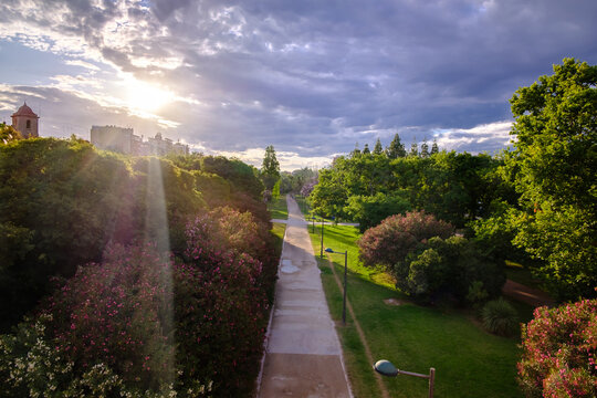 Valencia Turia River gardens Jardin del Turia, leisure and sport area, Spain. sunset panorama.