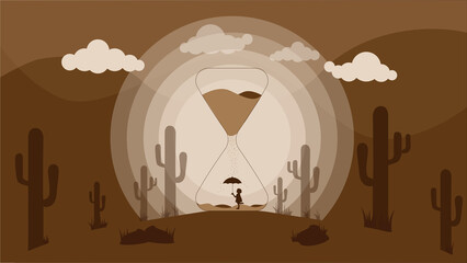 Little Girl with umbrella inside sand timer minimalist art