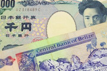 A macro image of a Japanese thousand yen note paired up with a colorful two dollar bill from Belize.  Shot close up in macro.