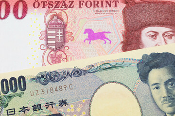A macro image of a Japanese thousand yen note paired up with a red and white five hundred forint note from Hungary.  Shot close up in macro.