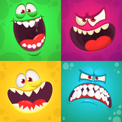 Cartoon monster faces set. Vector collection of four Halloween monster avatars with different face expressions. Isolated © drawkman