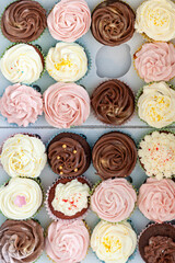 Home baked cupcakes beautifully decorated with buttercream on top neatly placed in carton transport container.