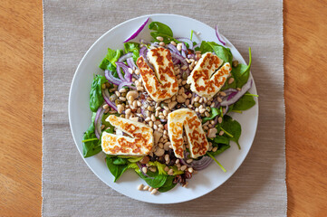 Fresh and healthy vegetable salad with chunks of grilled halloumi goat cheese on top.