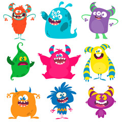 Funny cartoon creatures. Set of cartoon vector monsters. Halloween design illustration