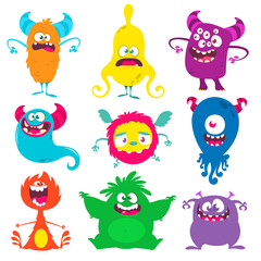 Fototapeta premium Funny cartoon creatures. Set of cartoon vector monsters. Halloween design illustration