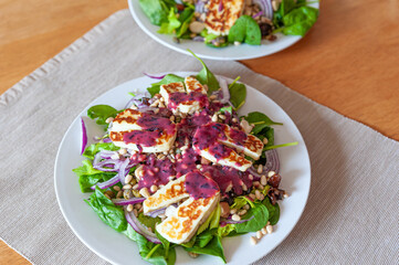 Fresh and healthy vegetable salad with chunks of grilled halloumi goat cheese and a dollop of delicious blueberry sauce on top.