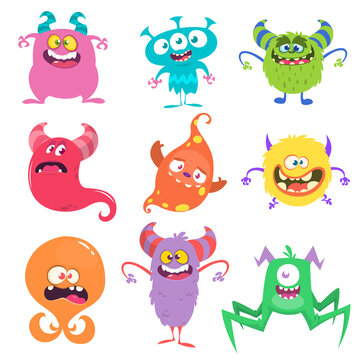 Funny cartoon creatures. Set of cartoon vector monsters. Halloween design illustration