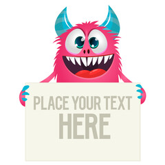 Catoon monster holding blank sign with sample message on it. Vector illustration isolated