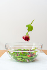 Pieces of fresh vegetables falling down into glass bowl creating healthy salad.