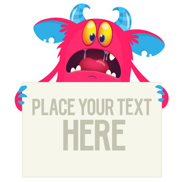 Catoon monster holding blank sign with sample message on it. Vector illustration isolated