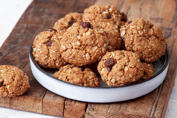 Homemade oatmeal cookies on wooden board.Healthy Food