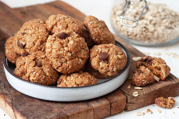Homemade oatmeal cookies on wooden board.Healthy Food