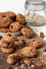 Homemade oatmeal cookies on wooden board.Healthy Food