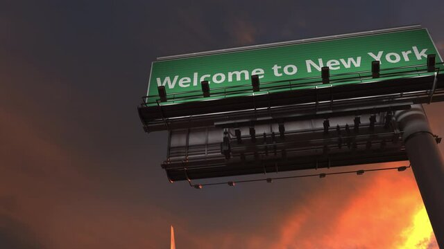 Plane flying above WELCOME TO NEW YORK road sign in the evening