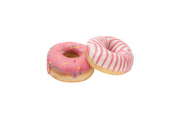 Two donuts in glaze with colored sprinkles on a white background, isolate