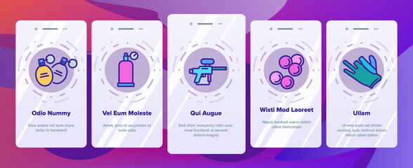 Paintball Game Tool Onboarding Mobile App Page Screen Vector. Paintball Sport Equipment, Paint Ball Marker, Uniform, Mask, Chest Protection Illustrations