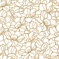 Monochrome drawn flowers. Vector seamless pattern. Elegant outline drawing of a plant. The texture of natural materials. Modern minimalist line drawing. Textile plant print in boho style, artwork