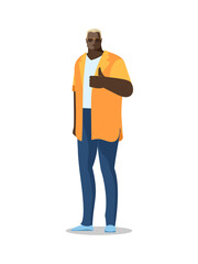 A full-length man with dark skin shows a hand with a raised thumb, class, OK, like. Vector image, avatar. Color isolated illustration, flat style