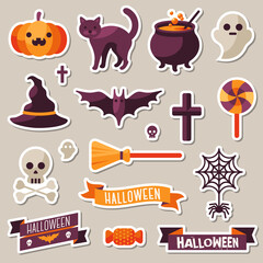 Set of Halloween Ribbons and Characters Stickers. Scrapbook elements. Vector illustration. Textured background. Witch Hat, Sweet Candy, Spider and Web, Skull
