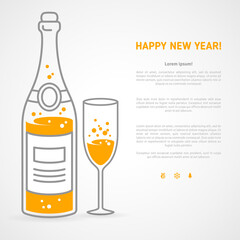 Happy new year 2021 greeting card or poster design with minimalistic line flat champagne bottle and glass, place for your text message. Vector illustration.