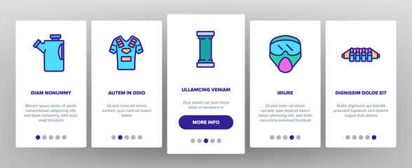 Paintball Game Tool Onboarding Mobile App Page Screen Vector. Paintball Sport Equipment, Paint Ball Marker, Uniform, Mask, Chest Protection Illustrations